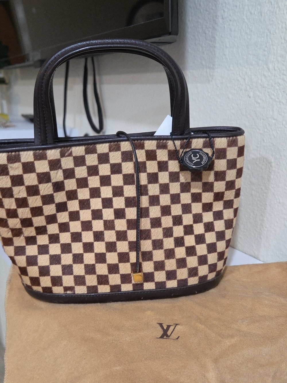 Luxury Checkerboard Leather Tote Bag - Brown/Cream
